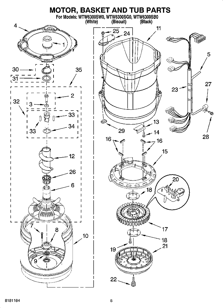 MOTOR, BASKET AND TUB PARTS Diagram and Parts List for WTW6300SB0  Whirlpool Washer