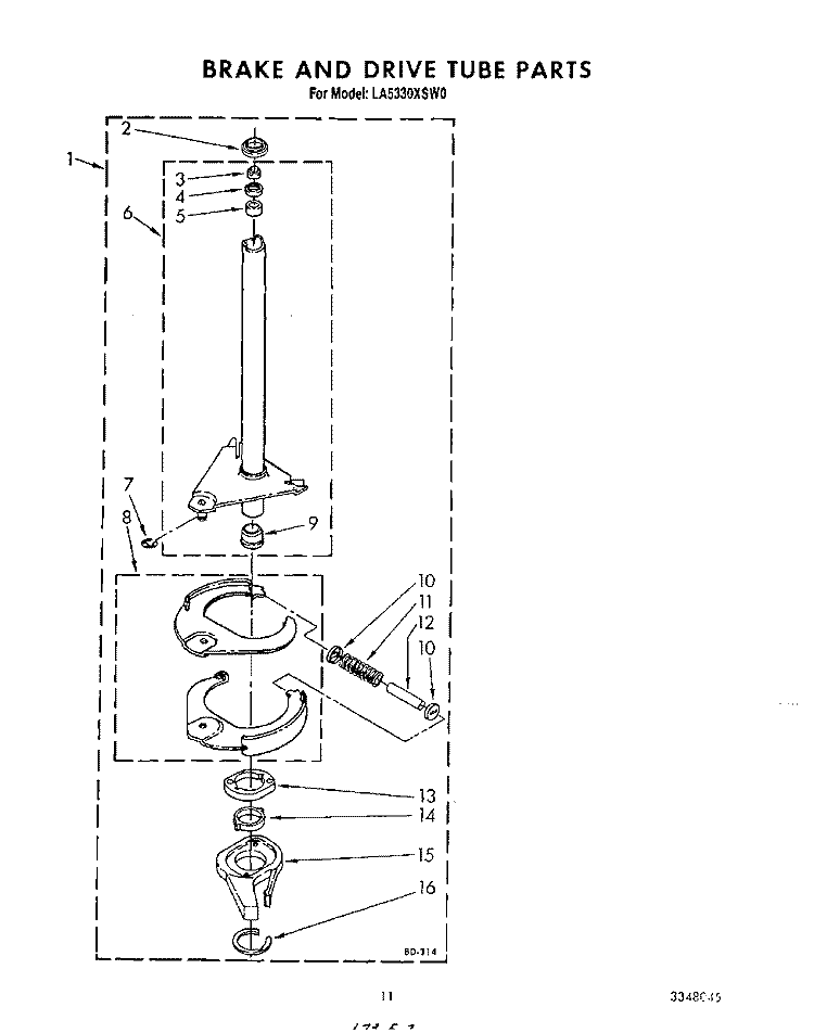 BRAKE AND DRIVE TUBE Diagram and Parts List for LA6200XSW0  Whirlpool Washer