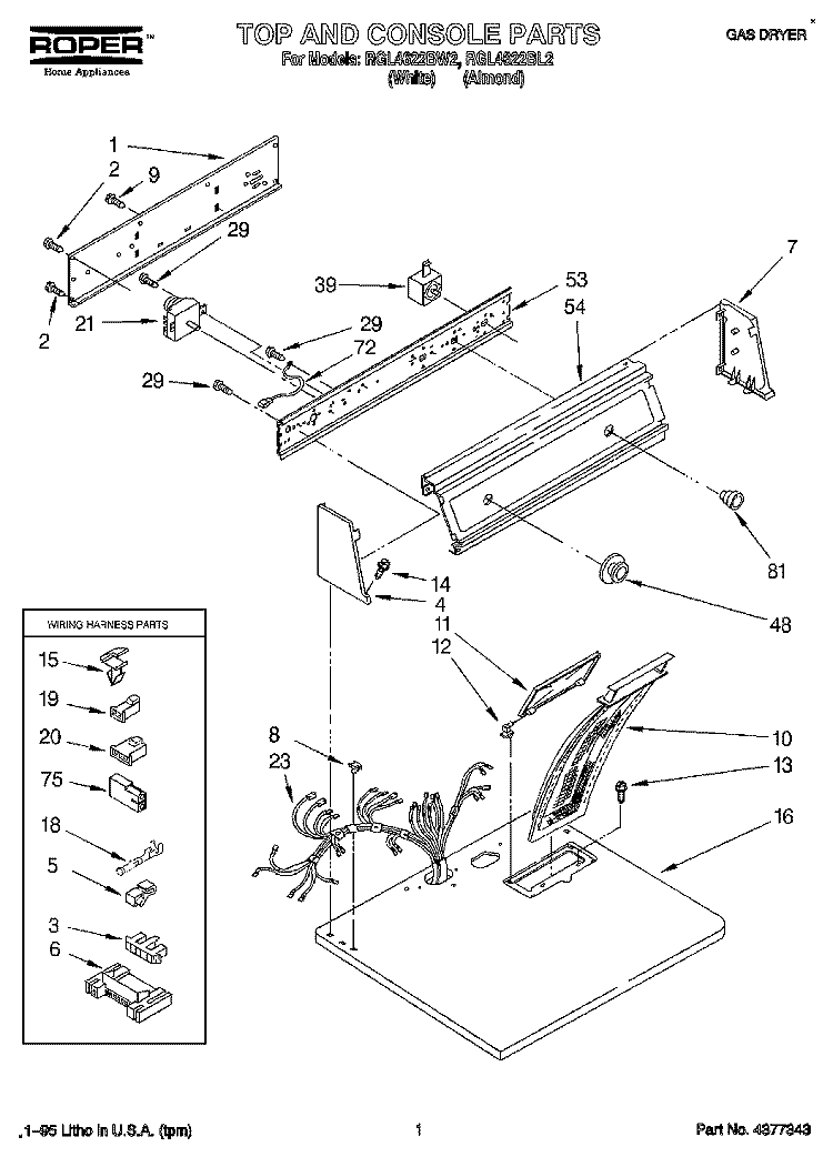 TOP AND CONSOLE, LIT/OPTIONAL Diagram and Parts List for RGL4622BL2  Roper Dryer