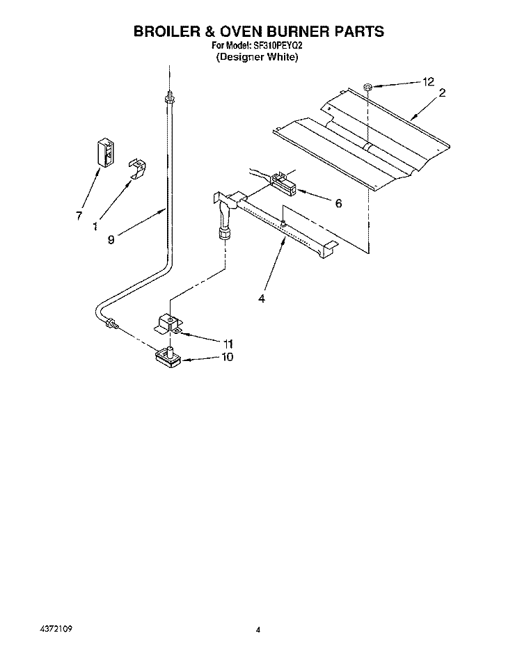 BROILER & OVEN BURNER Diagram and Parts List for SF310PEYQ2  Whirlpool Range