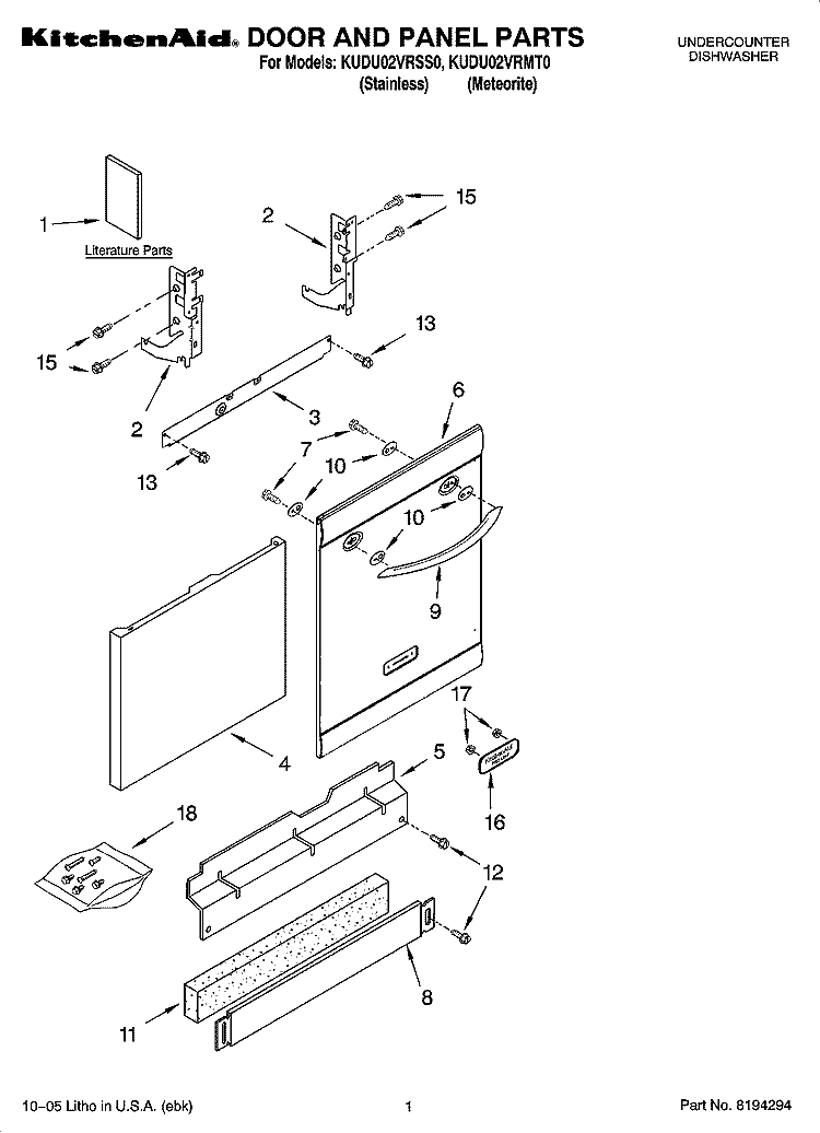 DOOR AND PANEL PARTS Diagram and Parts List for KUDU02VRSS0  KitchenAid Dishwasher