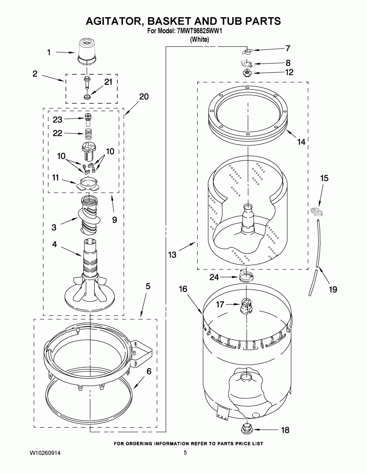 AGITATOR, BASKET AND TUB PARTS Diagram and Parts List for 7MWT98825WW1  Whirlpool Washer