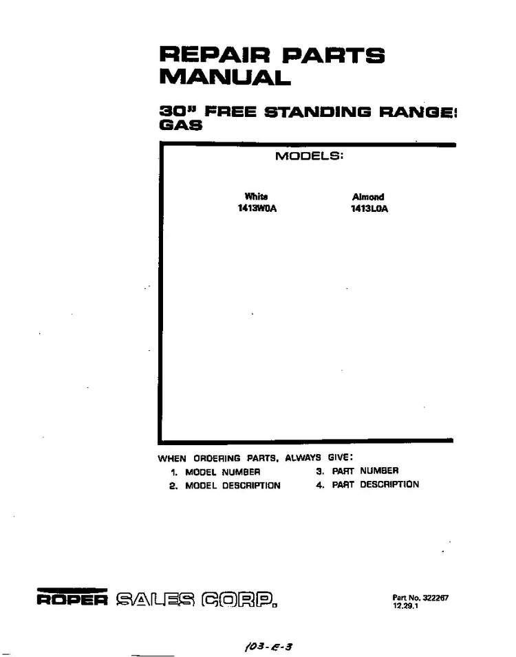 Cover Page Diagram and Parts List for 1413*0A  Roper Range