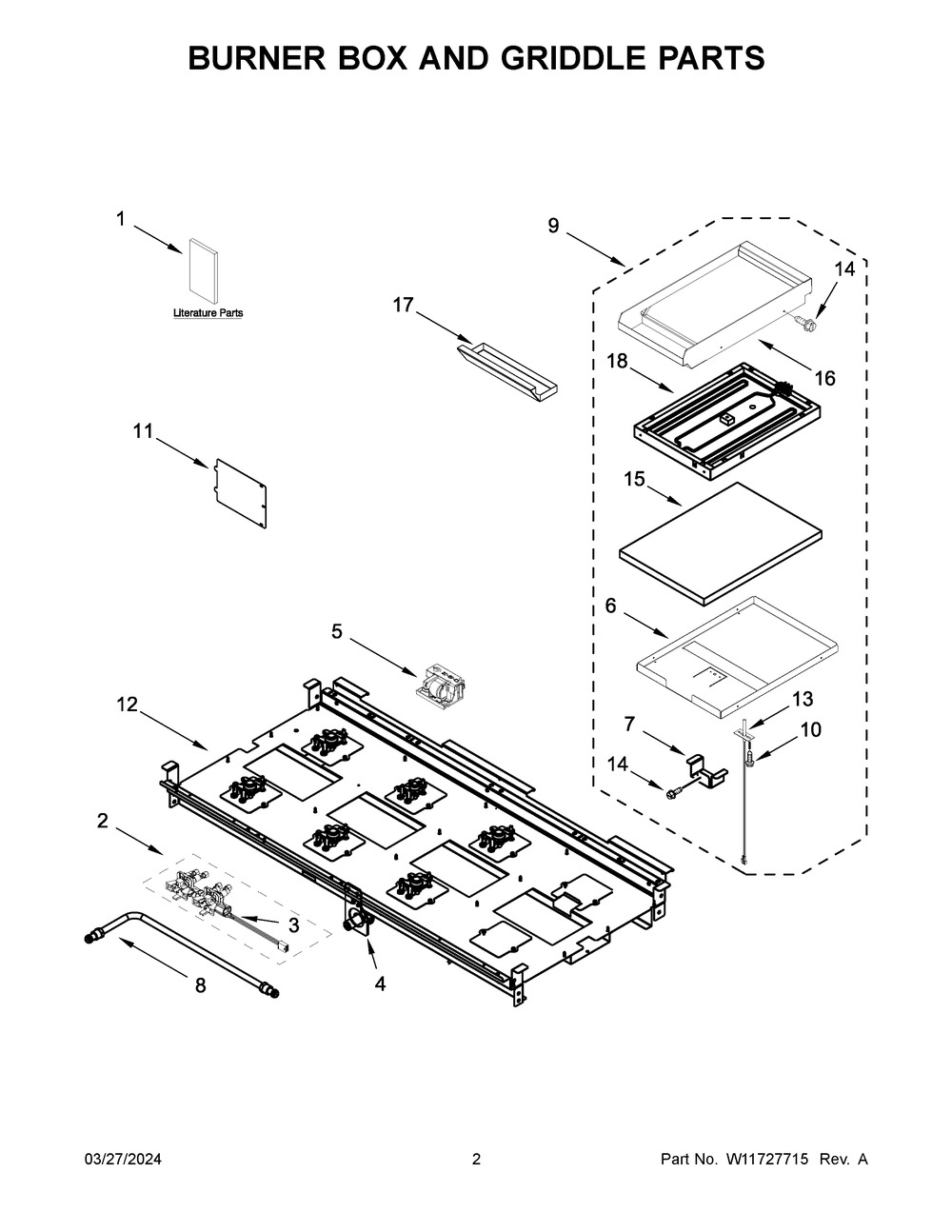 Burner Box And Griddle Parts Diagram and Parts List for KFGC558JSS07  KitchenAid Range