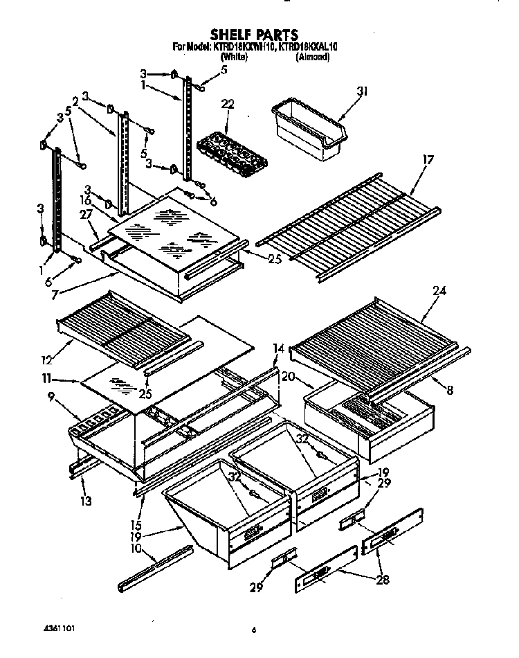 Shelf Diagram and Parts List for KTRD18KXWH00  KitchenAid Refrigerator