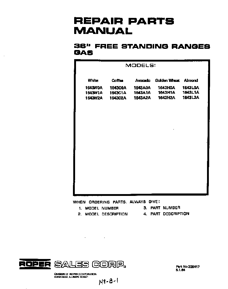 Front Cover Diagram and Parts List for 1643*0A  Roper Range