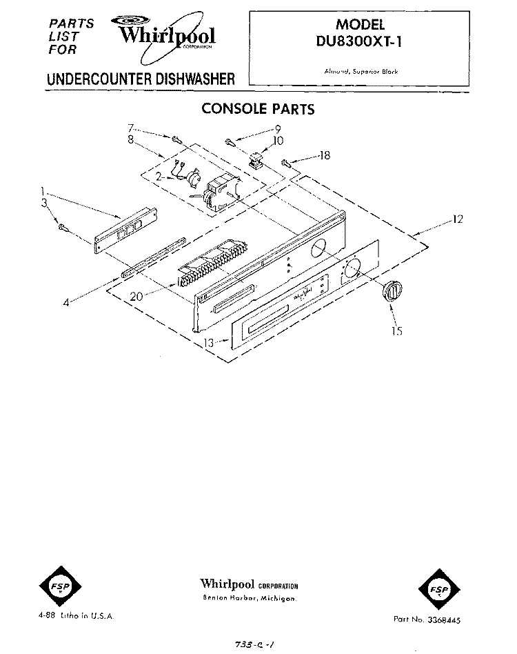 CONSOLE Diagram and Parts List for DU8300XT1  Whirlpool Dishwasher