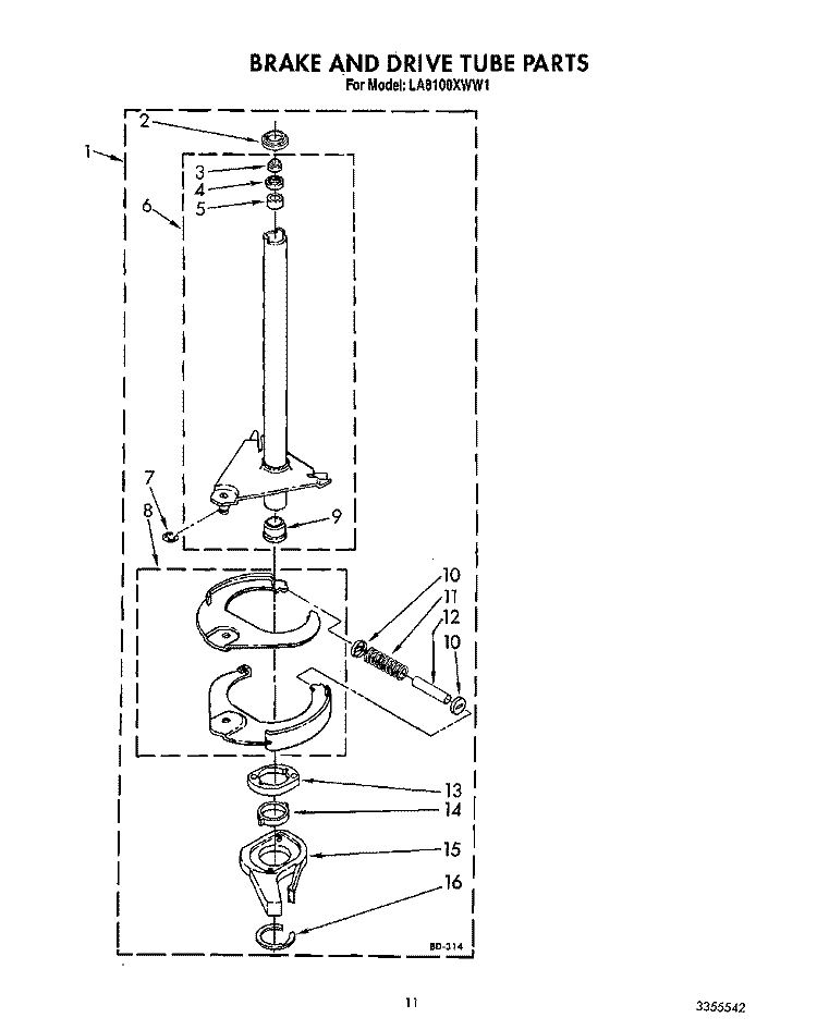 BRAKE AND DRIVE TUBE Diagram and Parts List for LA8100XWW1  Whirlpool Washer