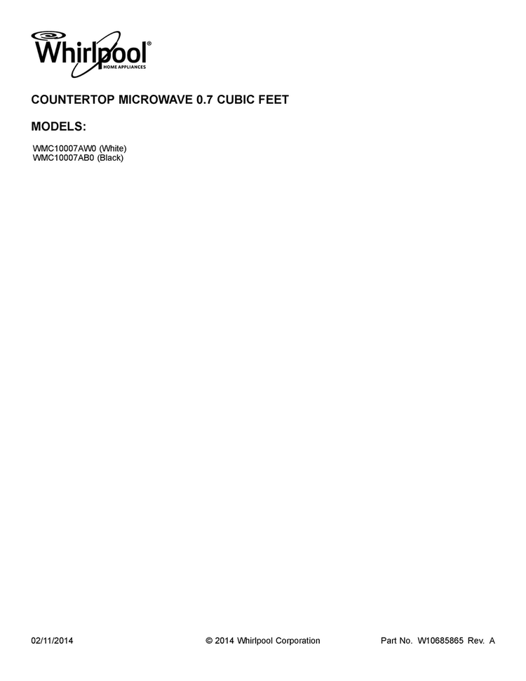 Cover Sheet Diagram and Parts List for WMC10007AB0  Whirlpool Microwave