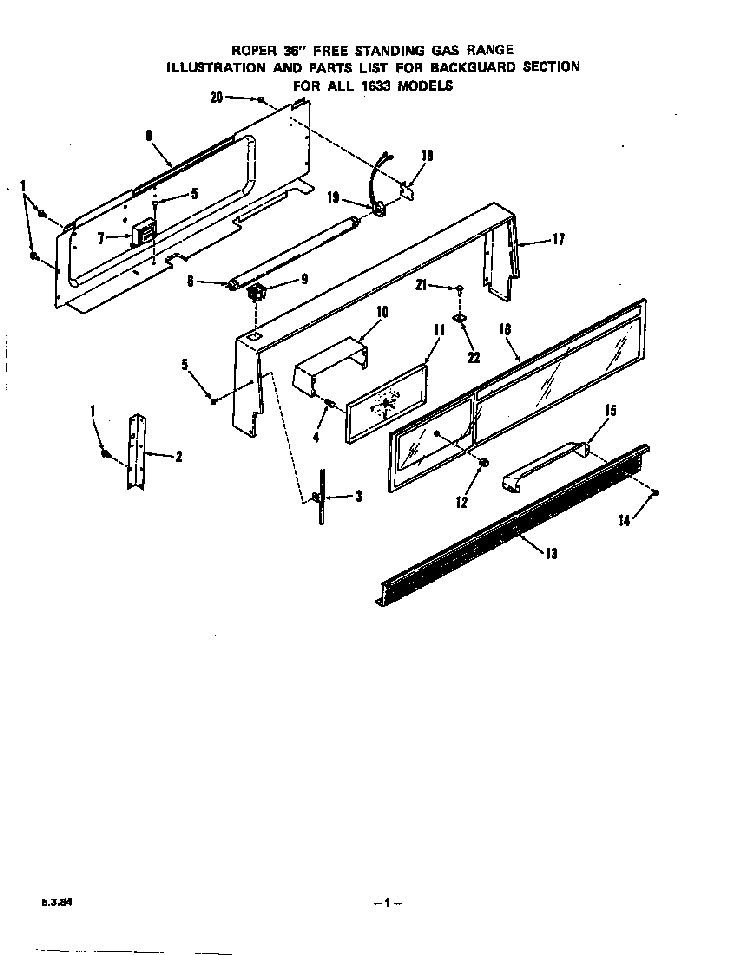 Backguard Diagram and Parts List for 1633*2A  Roper Range