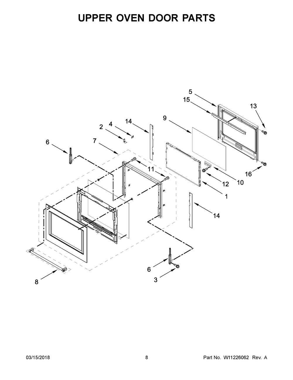 Upper Oven Door Parts Diagram and Parts List for KODT107ESS02  Whirlpool Wall Oven