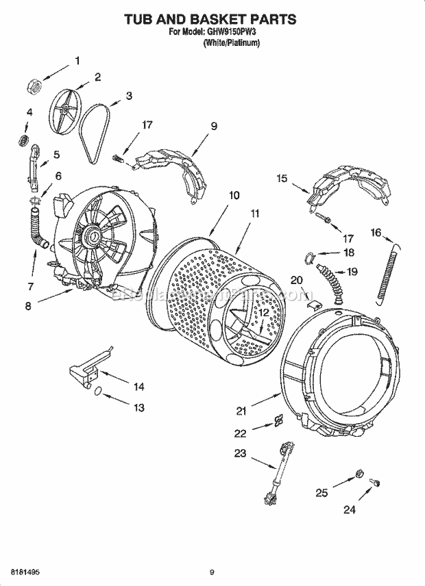 Tub And Basket Parts Diagram and Parts List for GHW9150PW3  Whirlpool Washer