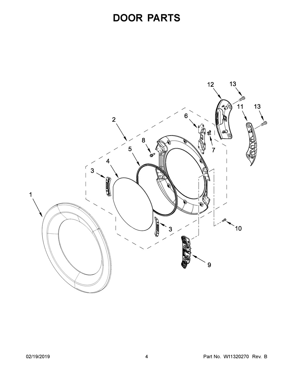 Door Parts Diagram and Parts List for WED8620HC0  Whirlpool Dryer