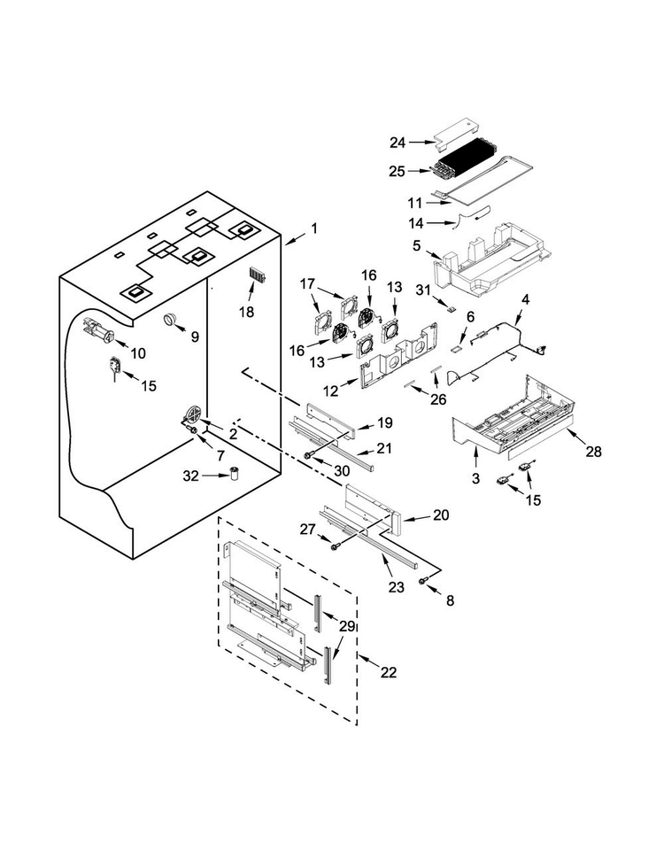 Refrigerator Liner Parts Diagram and Parts List for KBFN402EPA00  KitchenAid Refrigerator