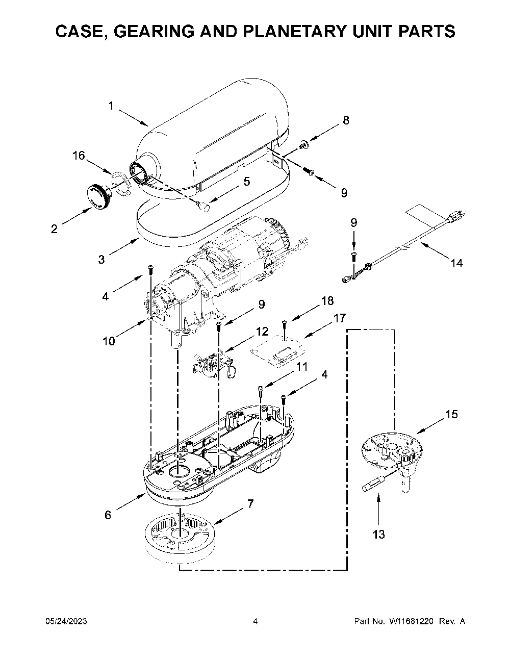 Case, Gearing And Planetary Unit Parts Diagram and Parts List for 5KSM60SPXRER0  KitchenAid Mixer