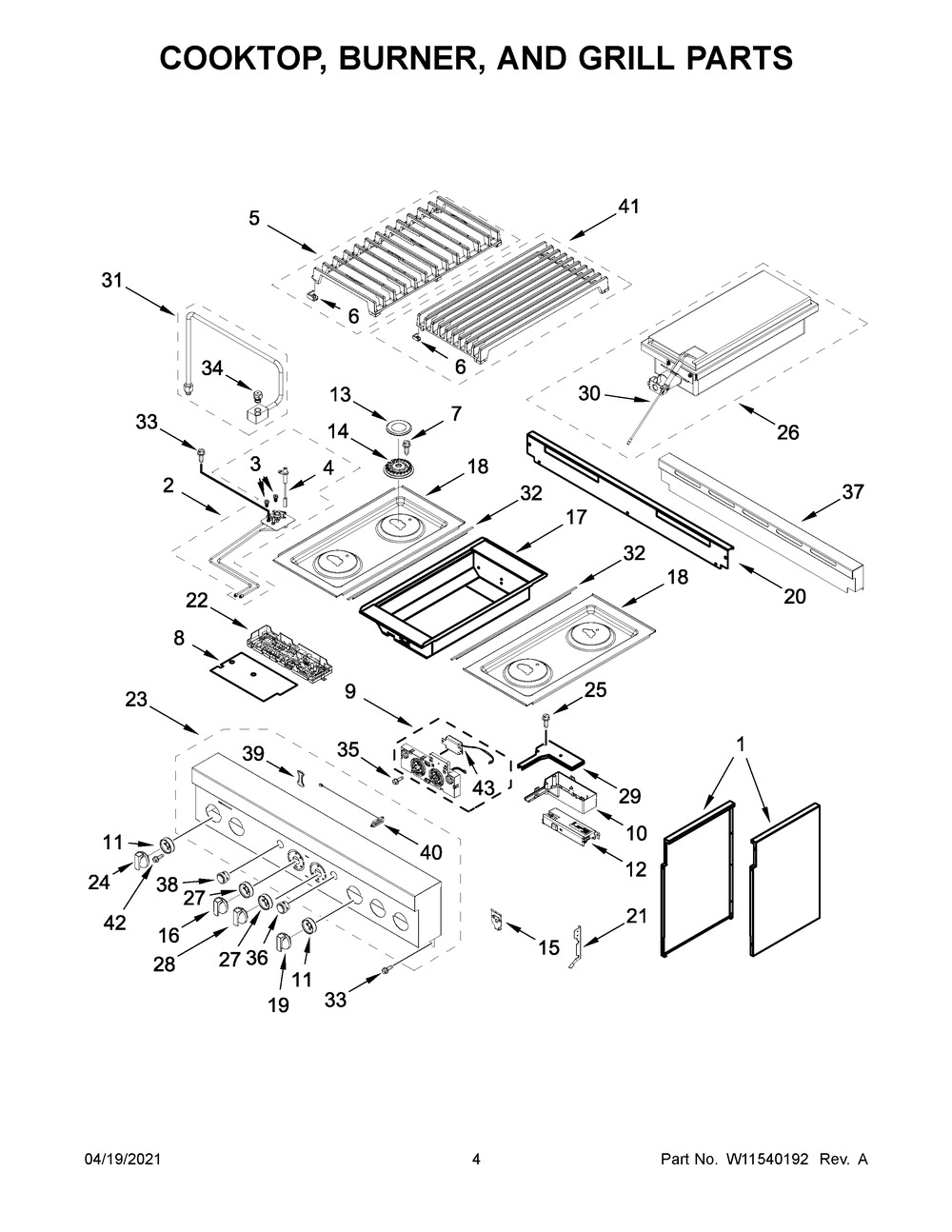 Cooktop, Burner, And Grill Parts Diagram and Parts List for JGRP636HM01  Whirlpool Range