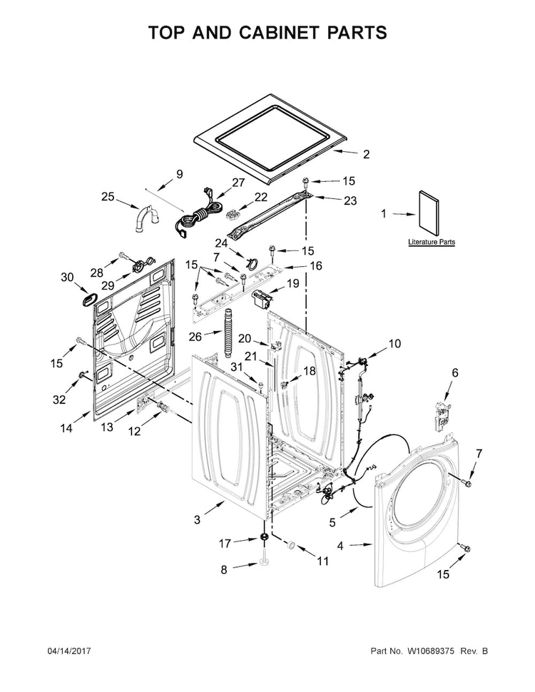 Top And Cabinet Parts Diagram and Parts List for WFW72HEDW0  Whirlpool Washer
