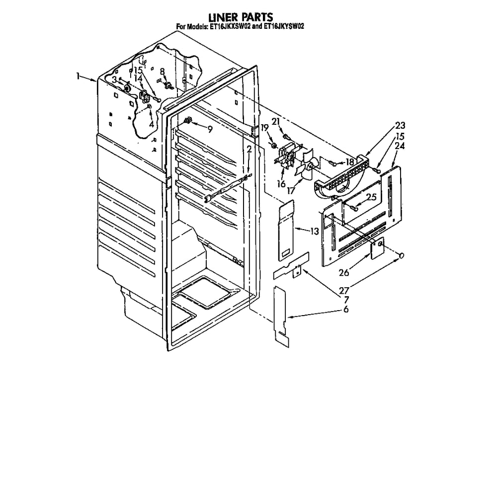 Liner Diagram and Parts List for ET16JKSXW02  Whirlpool Refrigerator