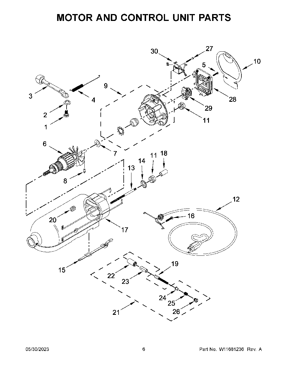 Motor And Control Unit Parts Diagram and Parts List for 5K45SSSSWH0  KitchenAid Mixer