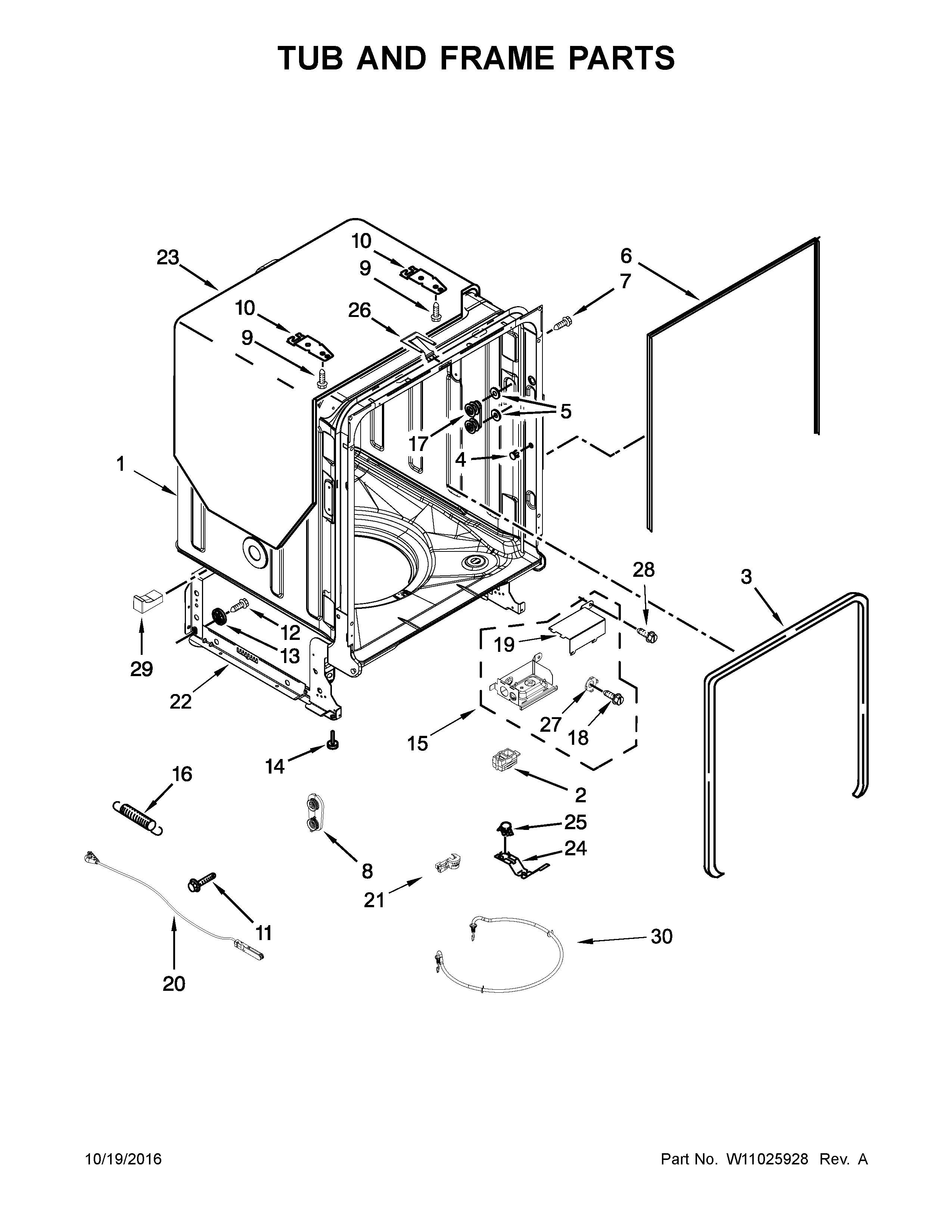 Tub And Frame Parts Diagram and Parts List for IUD7555DS3  Whirlpool Dishwasher