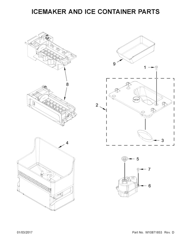 Icemaker And Ice Container Parts Diagram and Parts List for WRF993FIFM00  Whirlpool Refrigerator