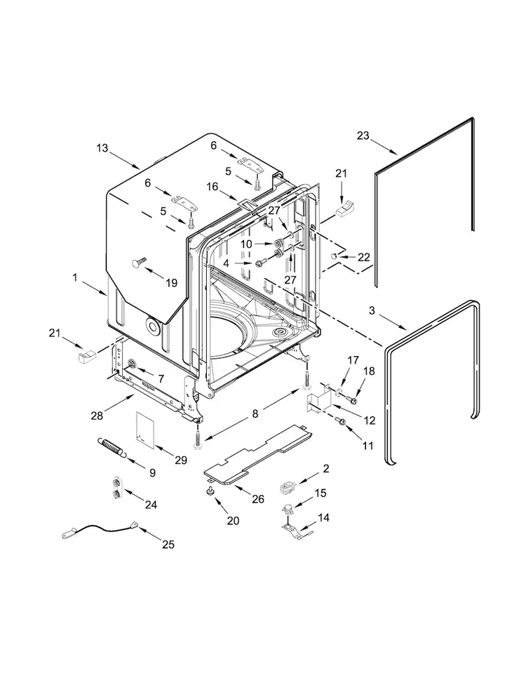 Tub And Frame Parts Diagram and Parts List for WDT790SLYM3  Whirlpool Dishwasher