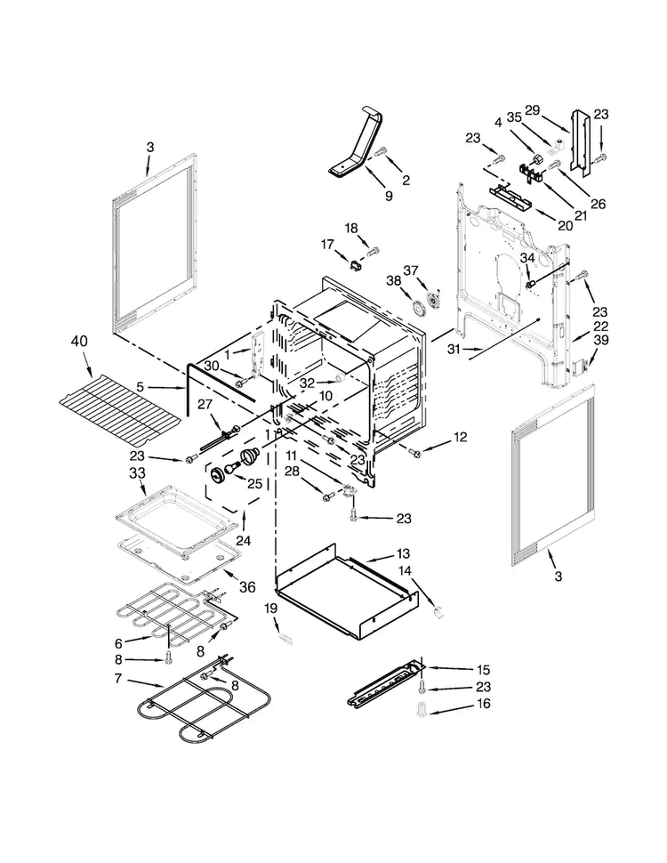 Chassis Parts Diagram and Parts List for WFE540H0AB1  Whirlpool Range