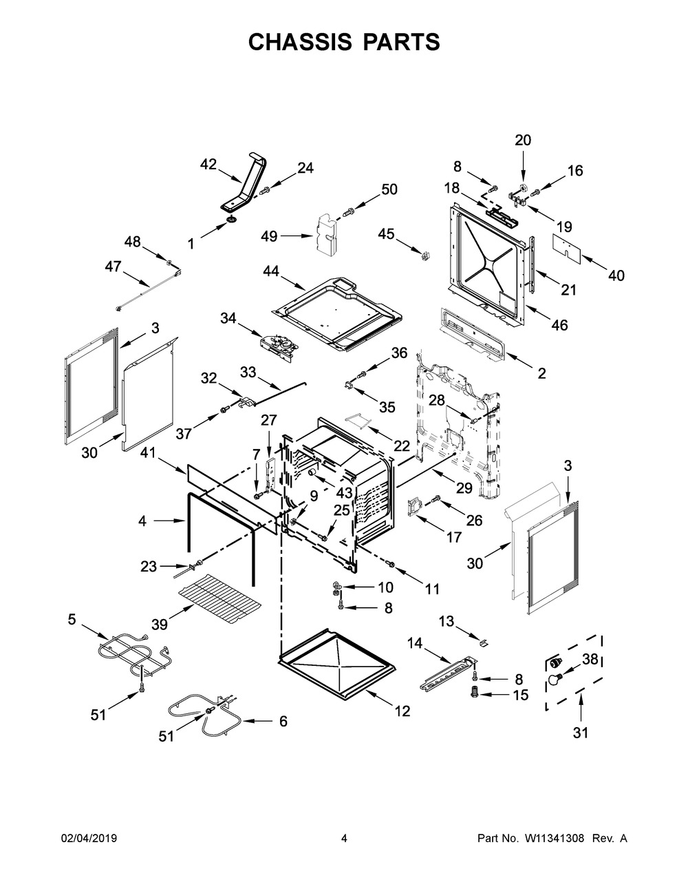 Chassis Parts Diagram and Parts List for YWEE510S0FS2  Whirlpool Range