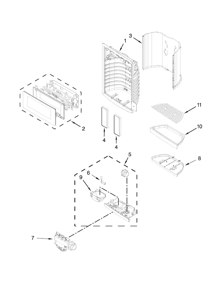 Dispenser Front Parts Diagram and Parts List for KRFF707ESS00  KitchenAid Refrigerator