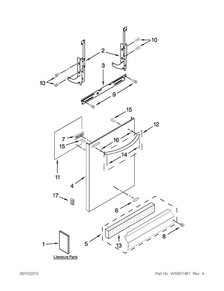 Door And Panel Parts Diagram and Parts List for WDT710PAYW5  Whirlpool Dishwasher