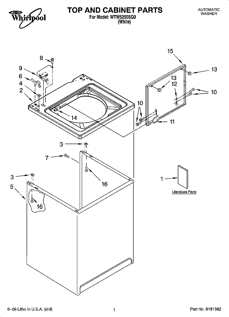 TOP AND CABINET PARTS Diagram and Parts List for WTW5200SQ0  Whirlpool Washer