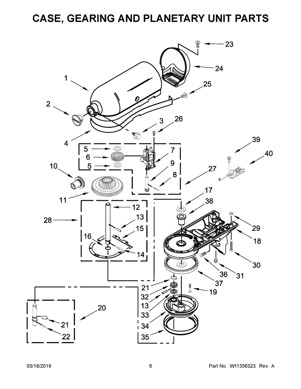 Case, Gearing And Planetary Unit Parts Diagram and Parts List for 5KSM180HASD0  Whirlpool Mixer