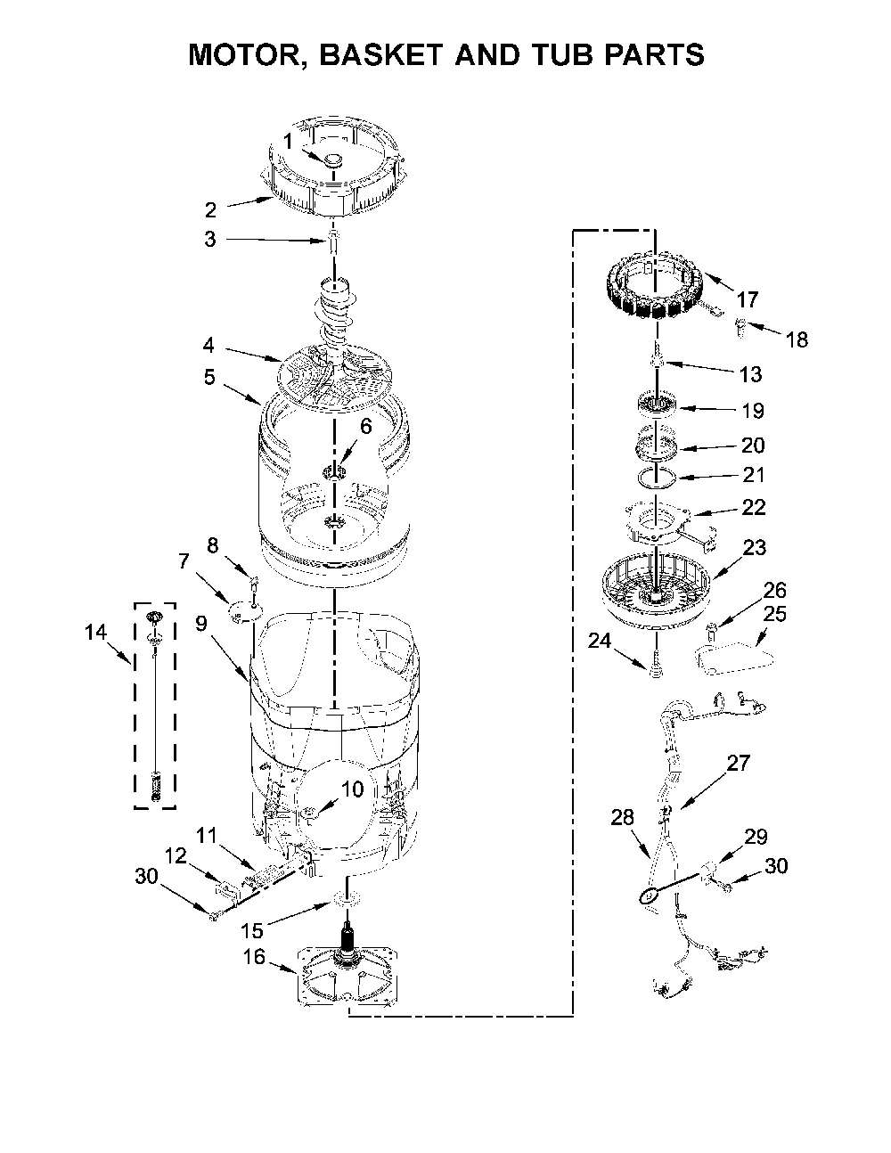 Motor, basket and tub parts Diagram and Parts List for 11020372711  Kenmore Washer