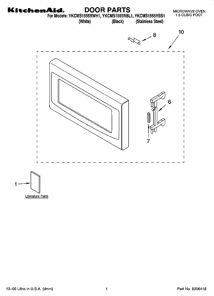 DOOR PARTS Diagram and Parts List for YKCMS1555RWH1  KitchenAid Microwave
