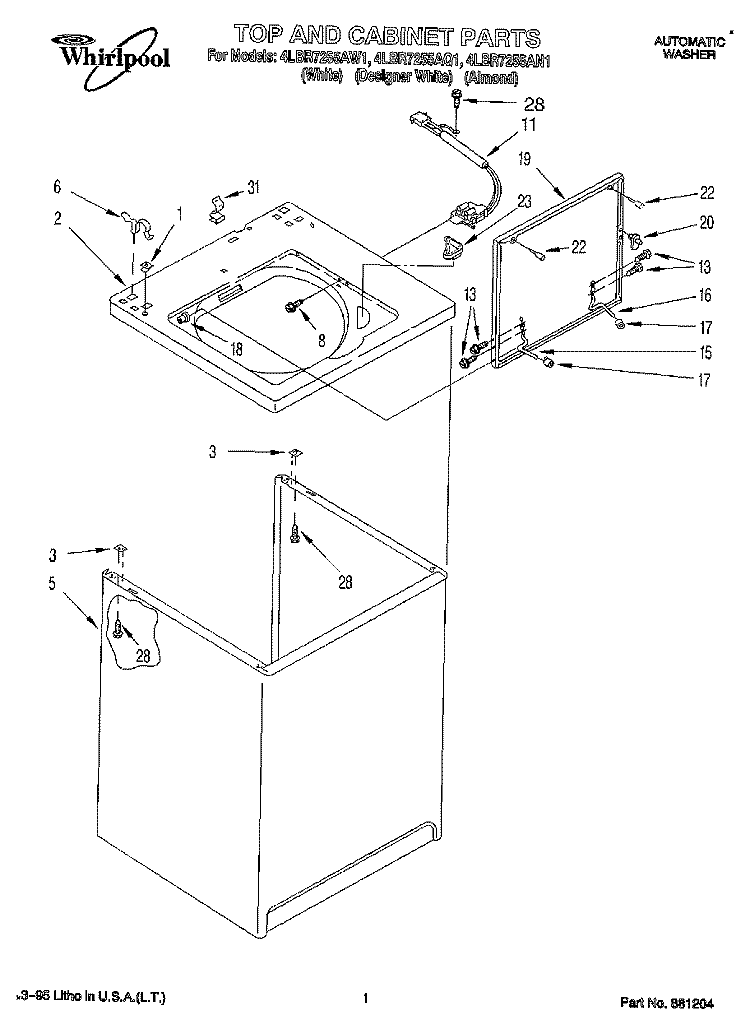 TOP AND CABINET, LIT/OPTIONAL Diagram and Parts List for 4LBR7255AN1  Whirlpool Washer