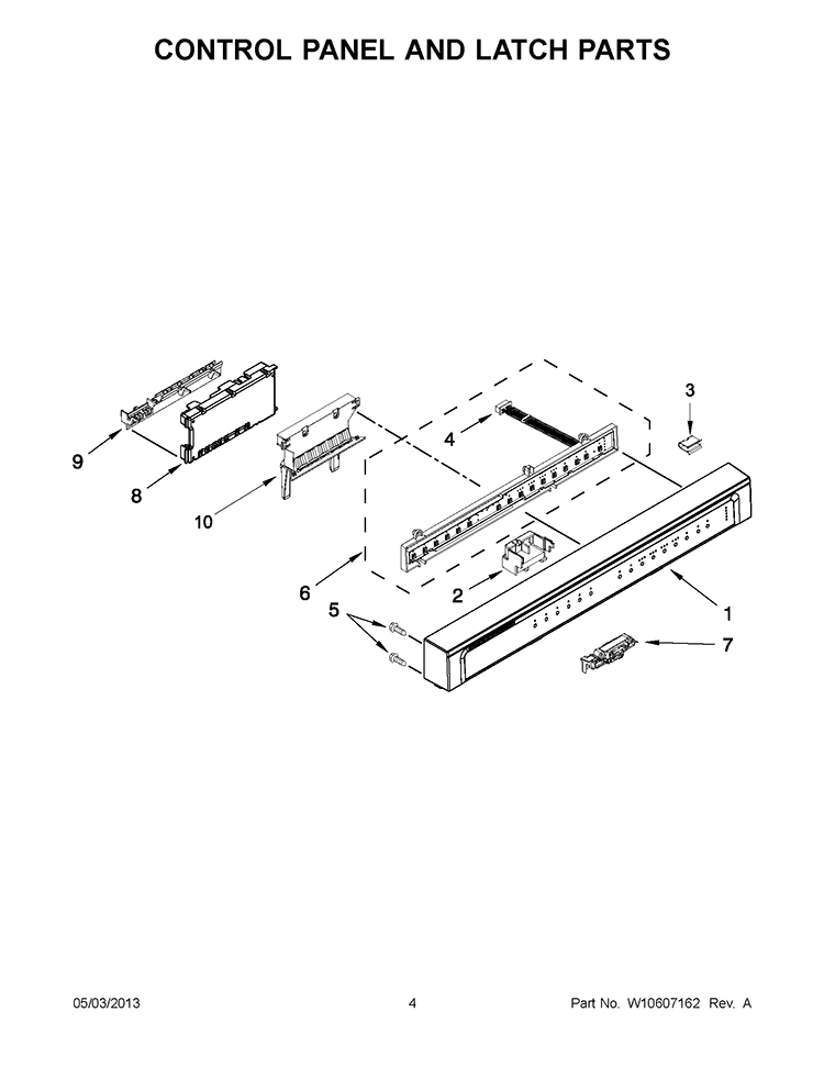 CONTROL PANEL AND LATCH PARTS Diagram and Parts List for 7WDF530PAYM5  Whirlpool Dishwasher
