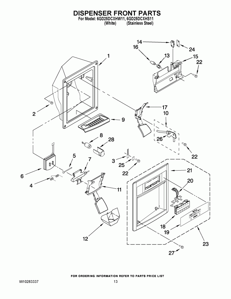 DISPENSER FRONT PARTS Diagram and Parts List for 6GD25DCXHS11  Whirlpool Refrigerator