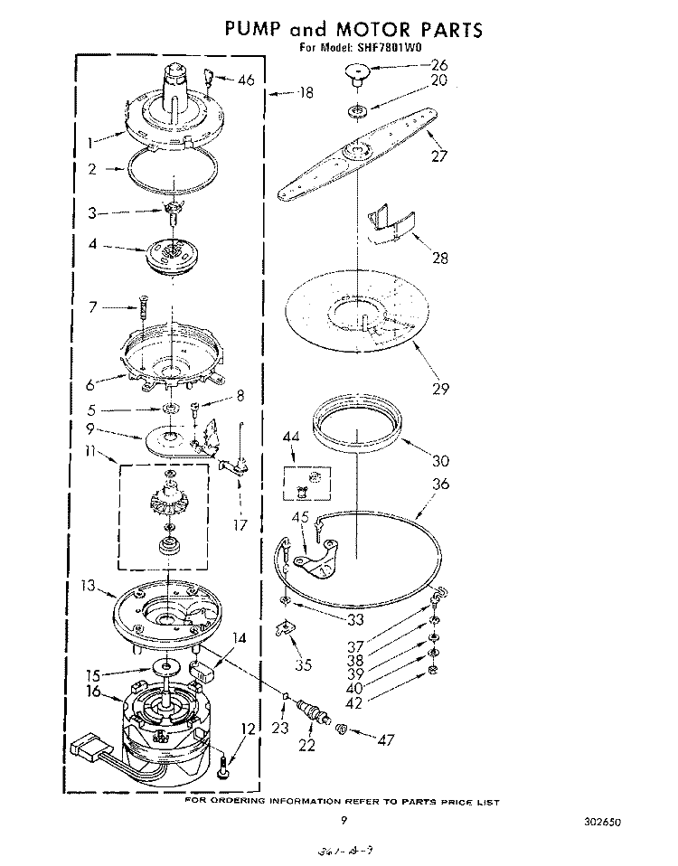 PUMP AND MOTOR Diagram and Parts List for SHF7801W0  Whirlpool Dishwasher