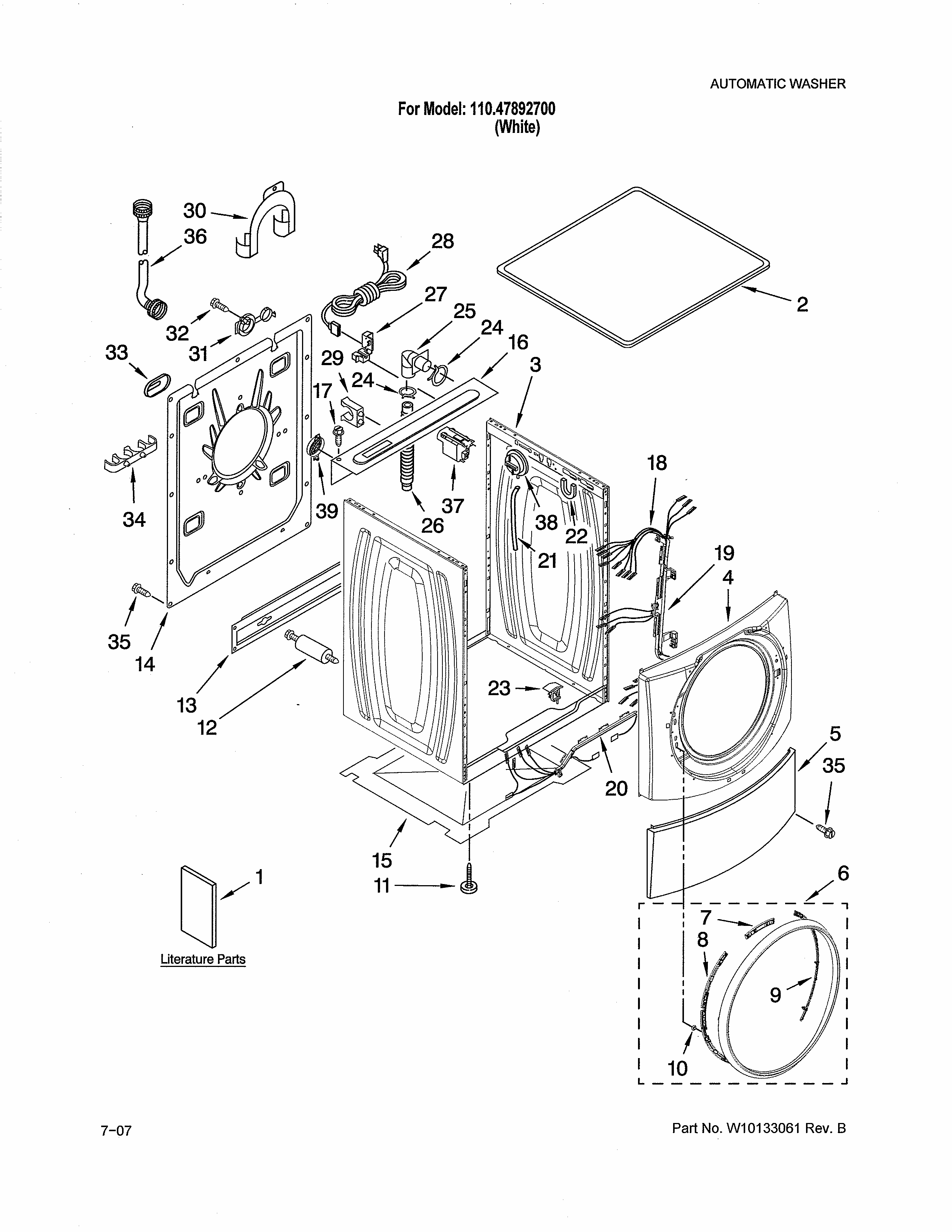 Top & Cabinet Diagram and Parts List for 11047892700  Kenmore Washer