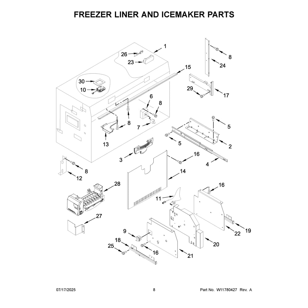 Freezer Liner And Icemaker Parts Diagram and Parts List for KBBR336SPS00  KitchenAid Refrigerator