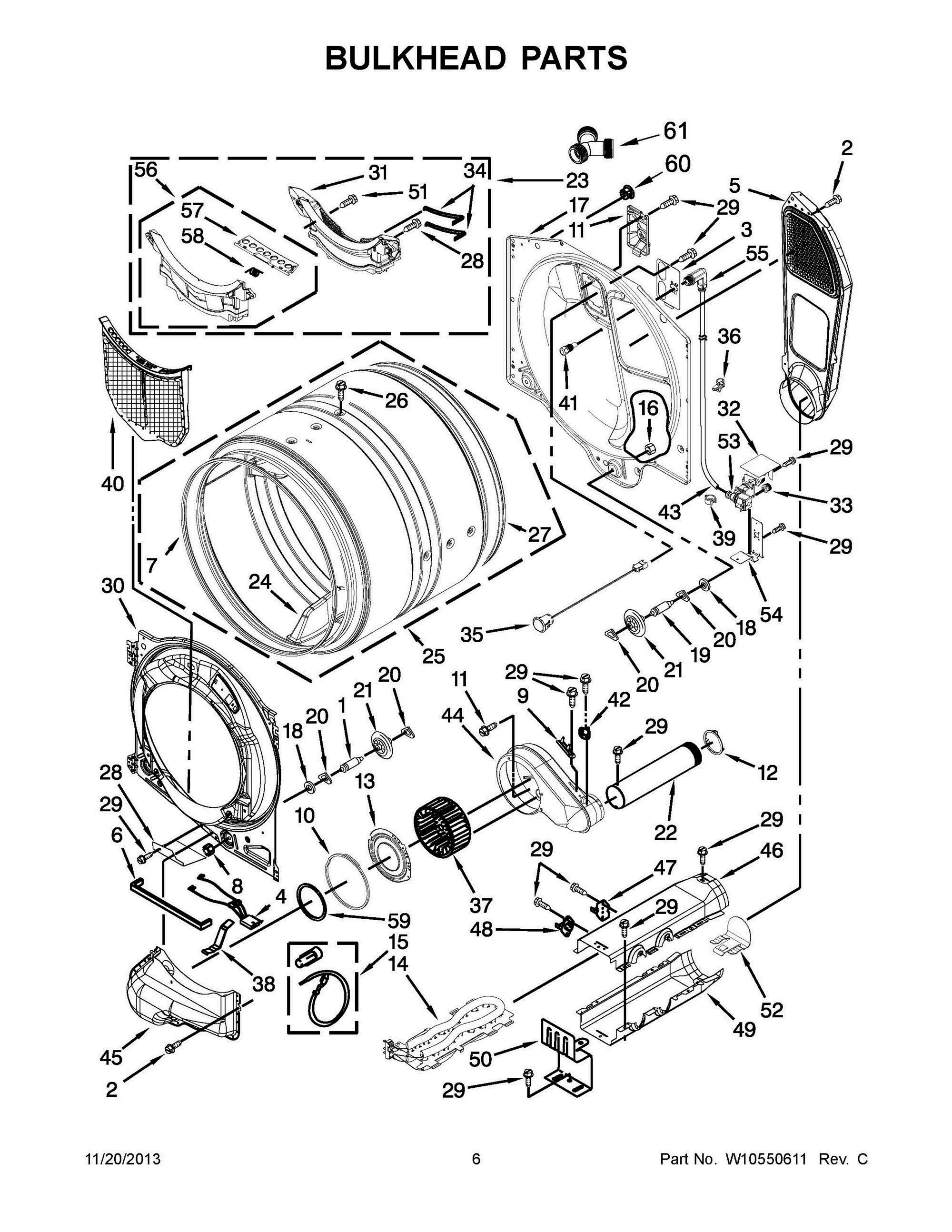 04 - BULKHEAD PARTS Diagram and Parts List for YMED6000AW0  Whirlpool Dryer