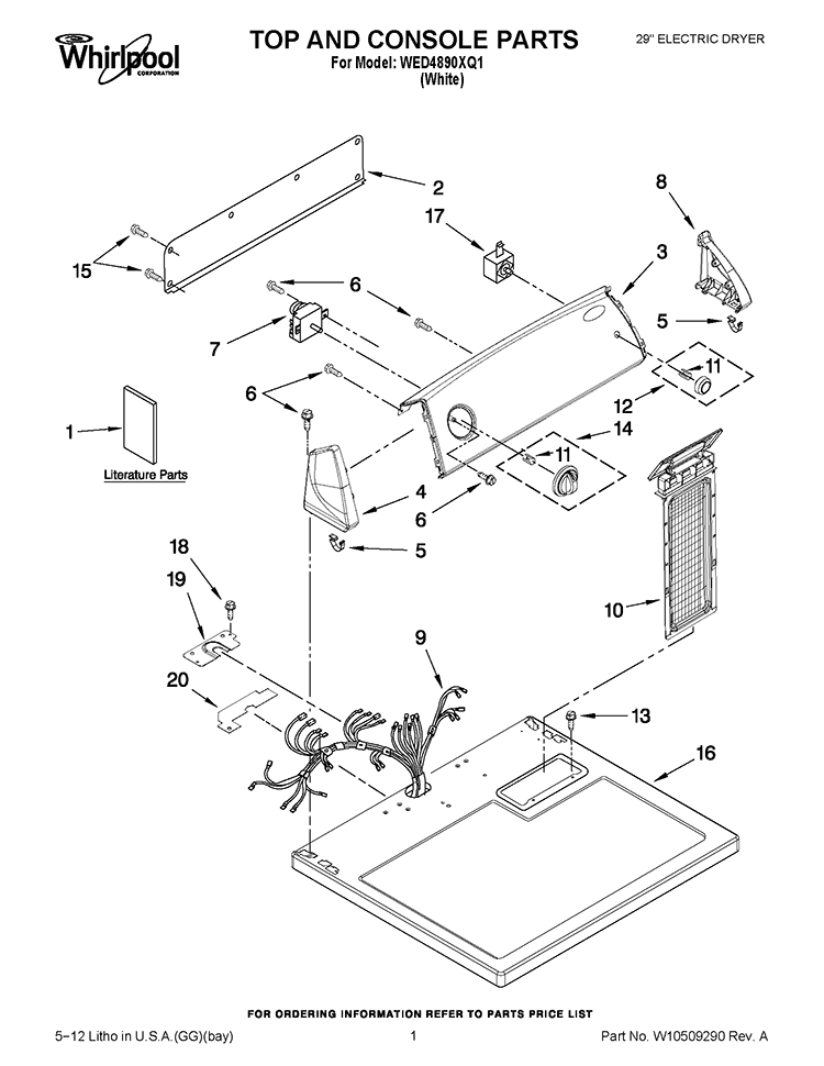 TOP AND CONSOLE PARTS Diagram and Parts List for WED4890XQ1  Whirlpool Dryer