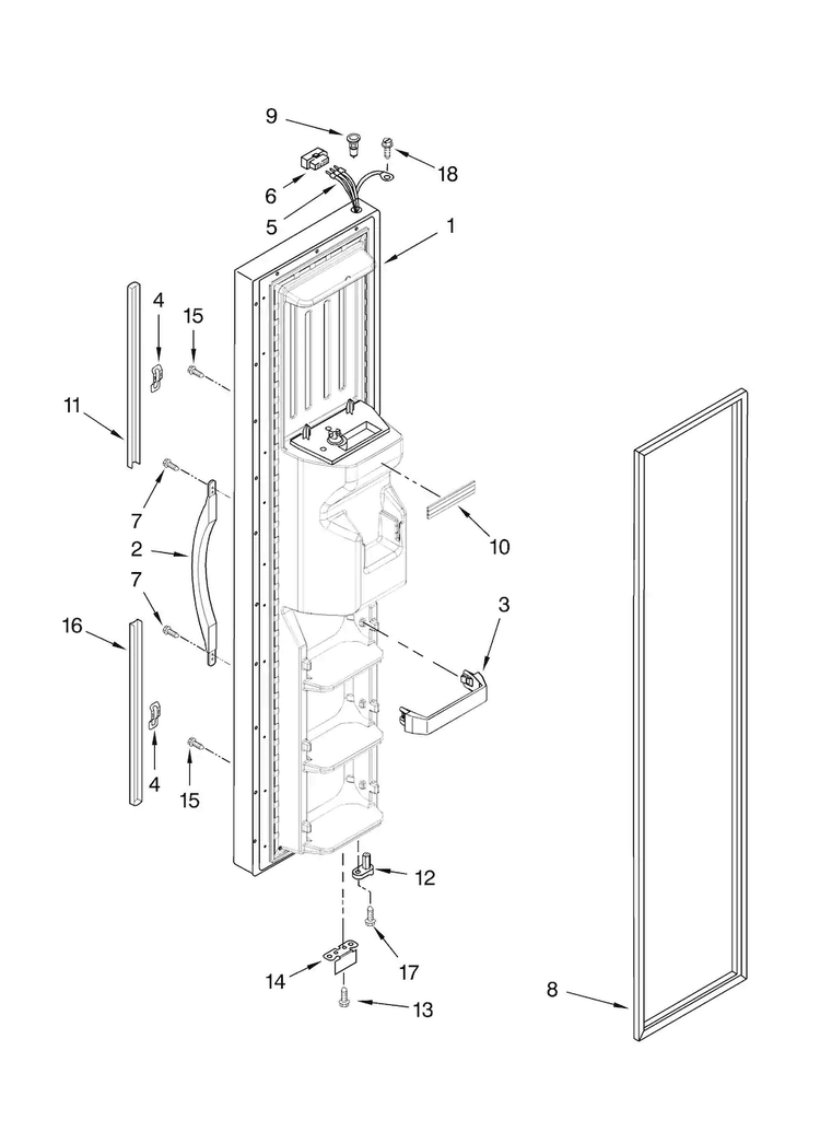 Freezer Door Parts Diagram and Parts List for ED5LVAXVQ01  Whirlpool Refrigerator