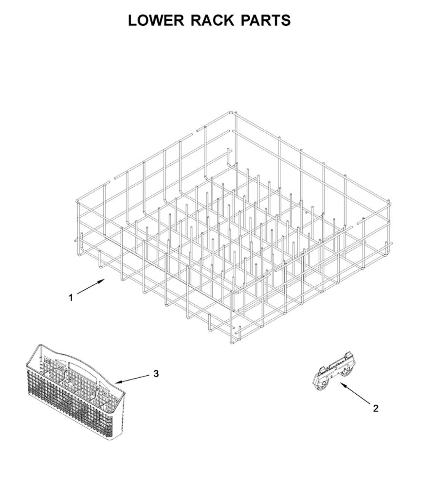 Lower Rack Parts Diagram and Parts List for WDF130PAHB0  Whirlpool Dishwasher