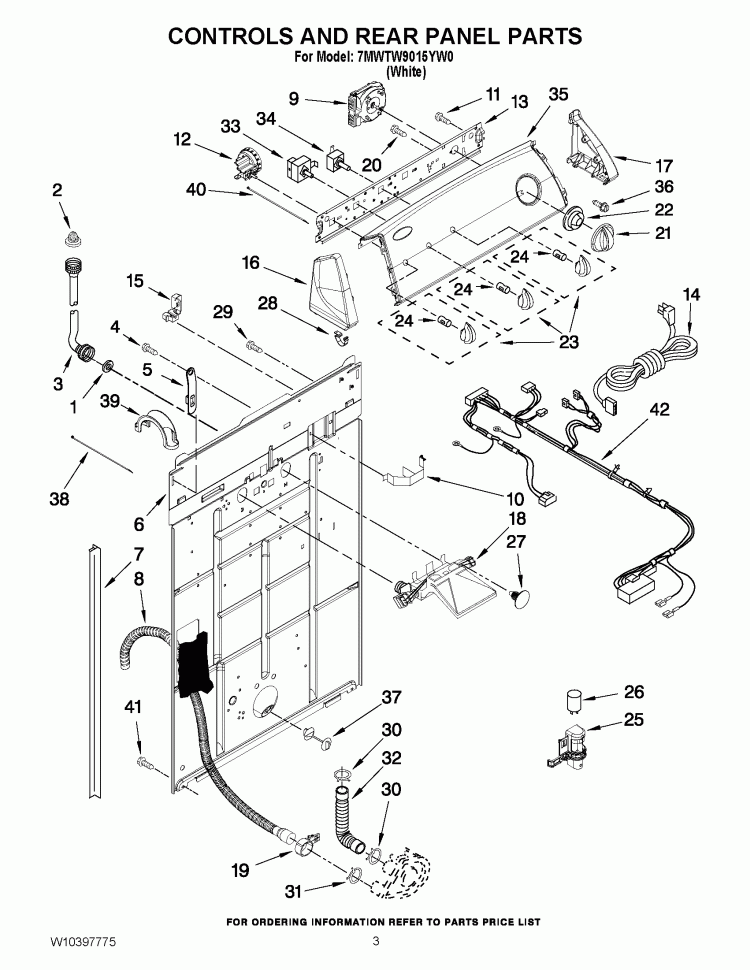 CONTROLS AND REAR PANEL PARTS Diagram and Parts List for 7MWTW9015YW0  Whirlpool Washer