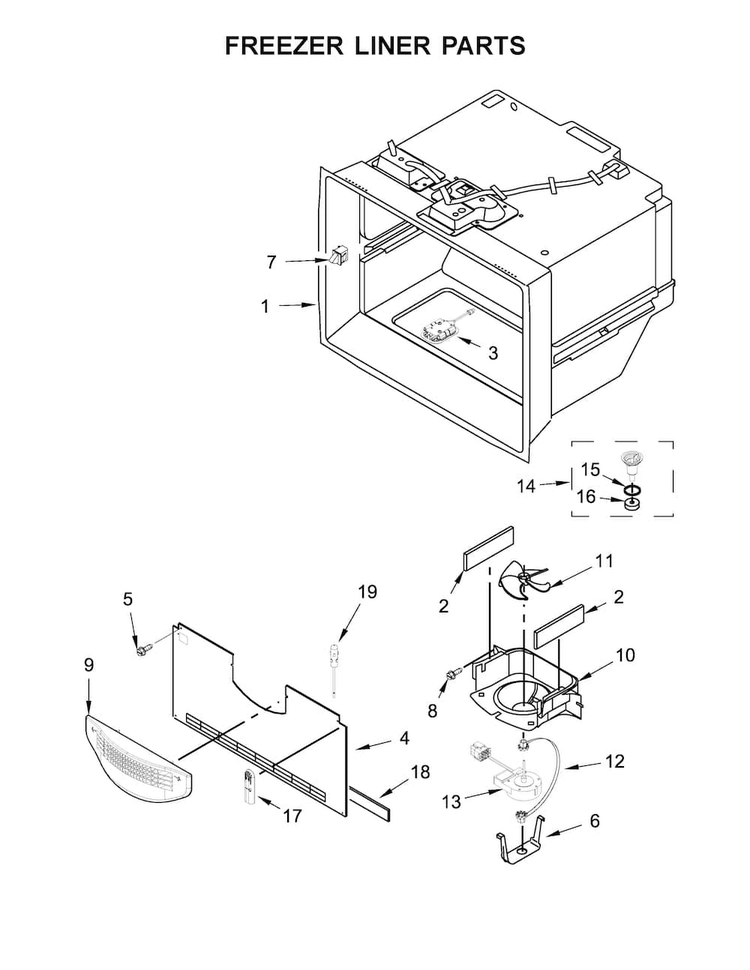 Freezer Liner Parts Diagram and Parts List for KFIV29PCMS02  KitchenAid Refrigerator