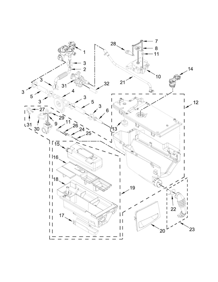 Dispenser Parts Diagram and Parts List for WFW92HEFBD0  Whirlpool Washer