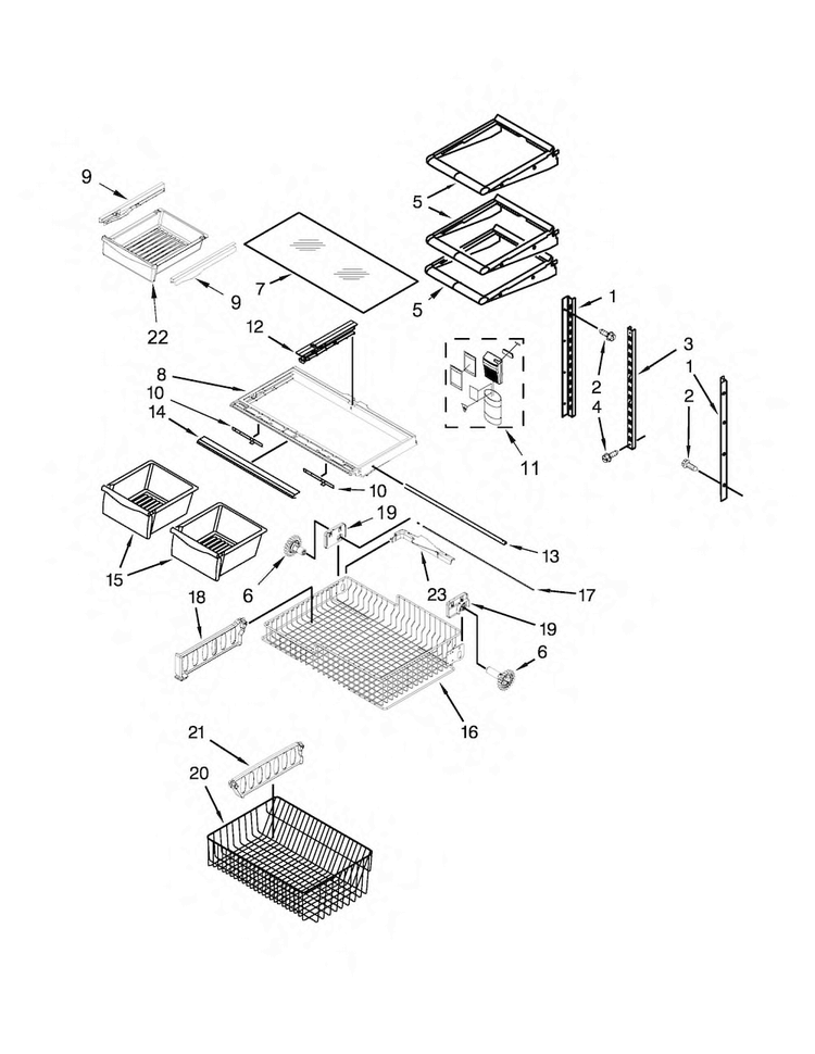 Shelf Parts Diagram and Parts List for WRB329DMBB00  Whirlpool Refrigerator