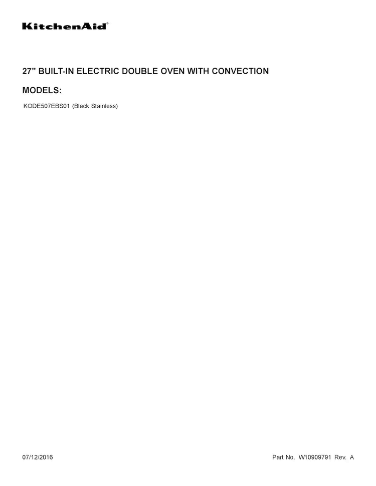 Cover Sheet Diagram and Parts List for KODE507EBS01  KitchenAid Wall Oven