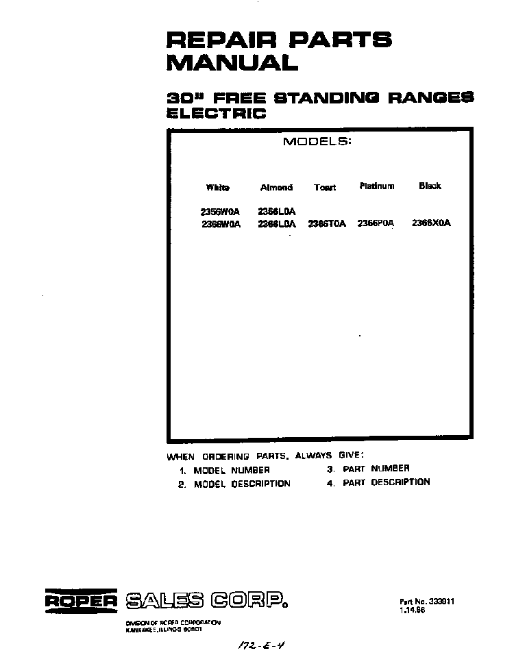 Cover Page Diagram and Parts List for 2366*0A  Roper Range